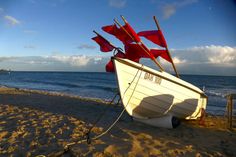 Matthias Hüttenrauch machte diese Aufnahme vom Fischerboot am Strand von Dahme, ein gelungenes Farbspiel zwischen den roten Fahnen der Reusestangen, dem weißen Boot und dem strahlend blauen Himmel.