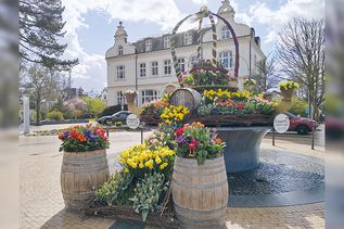 Der alljährliche „Osterbrunnen“ mit der bunten Blütenpracht auf dem Timmendorfer Platz ist wieder ein beliebtes Fotomotiv.
