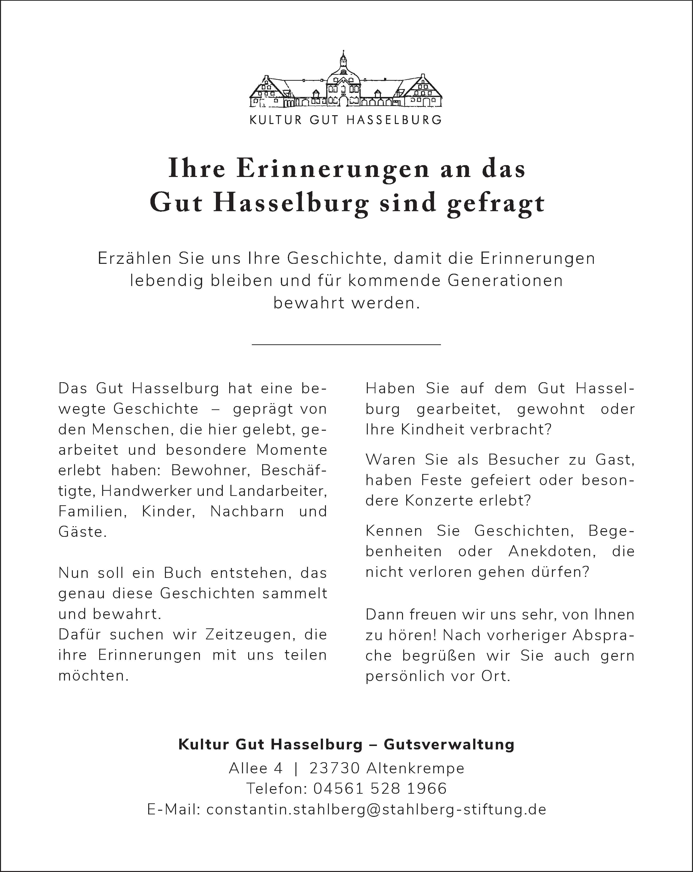 Anzeige Buch Gut Hasselburg