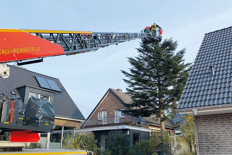 Die Freiwillige Feuerwehr aus Bad Schwartau-Rensefeld unterstützte  das Abtragen des Baumes mit ihrer Drehleiter.