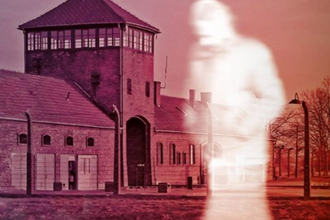 Ausschnitt aus dem Plakatmotiv der Veranstaltung mit geisterhafter Silhouette vor dem Eingang des ehemaligen Konzentrationslagers Auschwitz als Sinnbild für die bis heute nachwirkenden Schatten der Geschichte.