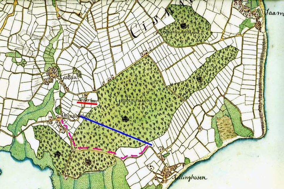 Ein sehr gutes Bild von der Wegstrecke bis zum Jahre 1913 zeigt hier der Ausschnitt aus der »Vahrendorfschen Karte«.