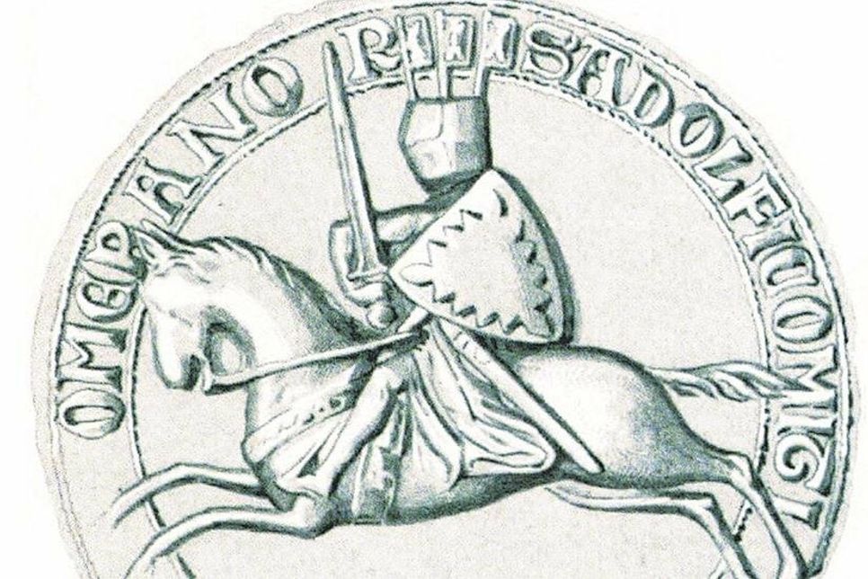 Siegel des Grafen Adolf V. von Holstein. Er starb 1308, war also noch der Lehnsherr von Heinrich von Dahme zum Zeitpunkt der Unterzeichnung der Urkunde von 1299.