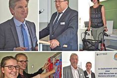 Minister Dr. Heiner Garg und Schulleiter Carsten Ingwertsen-Martensen bei der Eröffnung des „E-Hauses“. Rechts daneben: Eine Schülerin mit bleischwerer Weste, verdunkelnder Brille und schalldämmendem Ohrschutz versucht, die Befindlichkeit von Alt-Sein zu erfühlen. - Unten: Janne Rahn und Stine Schöning vom Beruflichen Gymnasium finden „toll, was die E-Techniker auf die Beine gestellt haben“. Daneben: Christian Burgdorf (l.) und Jochen Gust vertreten das St. Elisabeth Krankenhaus Eutin, das als einer der zahlreichen Förderer des Projekts Rollatoren und einen Übungsparcours für Rollatoren zur Verfügung gestellt hat.
