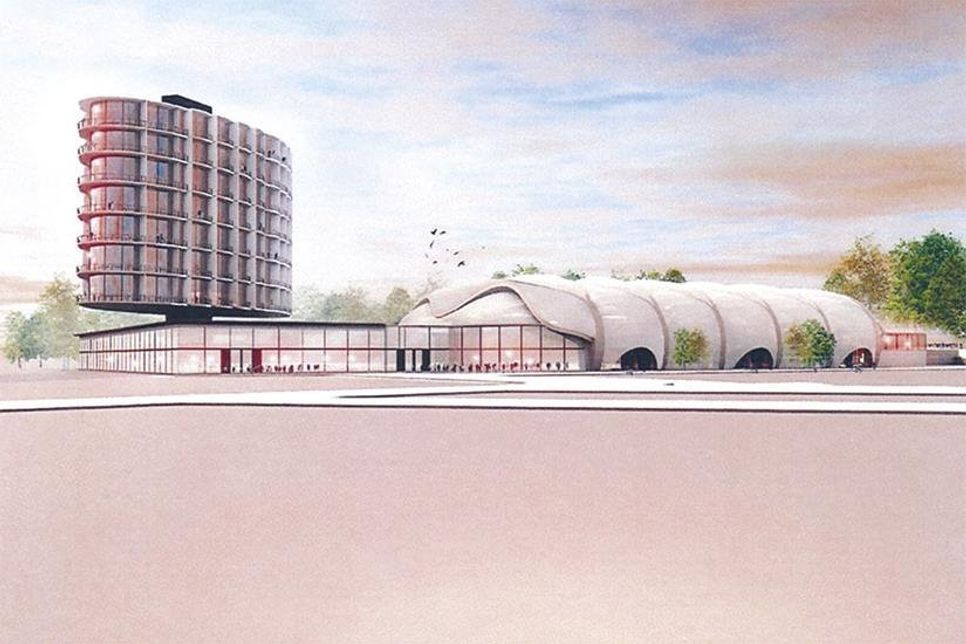 So könnte laut Architekt und Verwaltung eine Grundsanierung  als „ETC und Sporthotel Timmendorfer Strand“ aussehen.  Diese Skizze wurde während der öffentlichen Sitzung präsentiert.  Bei der Fragestellung des Bürgerentscheides wird aber nur über eine  Sanierung im Bestand abgestimmt. Für die Sanierung mit Mehrwert ist ein Hotelneubau neben der Eishalle – wie auf der Skizze zu sehen –  zur Finanzierung zwingend erforderlich.
