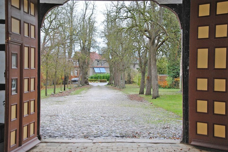 Wie eine Allee säumen die Birnbäume die Hofzufahrt. Sie führt direkt auf die alte Diele des Niederdeutschen Hallenhauses zu.