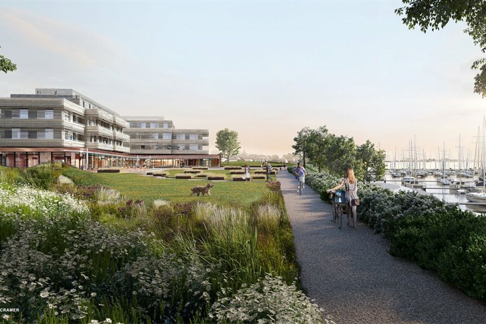 Das neue Hotel oberhalb des Jachthafens steht für eine sensible Einpassung der Gebäude in die Landschaft und die Öffnung des seeseitigen Hotels zum Wanderweg. Zusätzlich für eine lichtdurchfutete Architektur mit nachhaltigen Bauweisen und natürliche Materialien, großen Terrassen und begrünten Dachterrassen. (Skizze: Dierks &amp; Cramer)