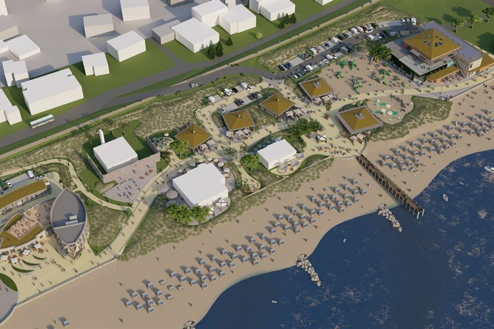 Großprojekt Dünenpark. Die Luftbildaufnahme zeigt die Anordnung der künftigen Gebäudeeinheiten. (Skizze: Tourismus-Servive Grömitz)