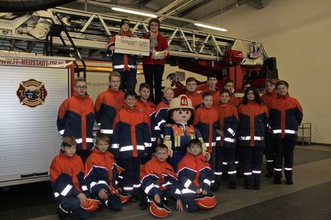 Helm ab zur Scheckübergabe im Feuerwehr-Gerätehaus am Mittwoch.