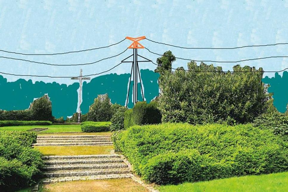 Visualisierung des Cap Arcona-Ehrenmals mit der 380KV-Leitung.