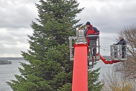 Lars Köhn (r.) und Mitarbeiter Martin Lundius befestigen in luftiger Höhe die Lichterketten an den Zweigen.