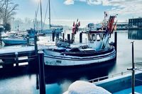 Winterliche Idylle im Neustädter Hafen: Martina Skrubel hat den morgendlichen Anblick schneebedeckter Schiffe am Kai in einem Foto festgehalten.