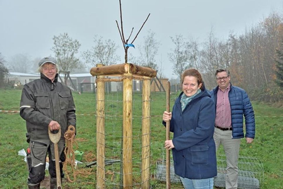 Peter Salten, Naturdienstleister Walk (Dannau), Kita-Leiterin Lena Krützfeldt und Christian Pagel, Vorstandsassistent der Johanniter, haben mit einer Baumpflanzaktion die ehemalige Weide am Kindergarten in eine Streuobstwiese umgewandelt. Sie bietet künftig Tieren ein neues Refugium und den Kindern die Möglichkeit, eine enge Beziehung zur Natur zu entwickeln.
