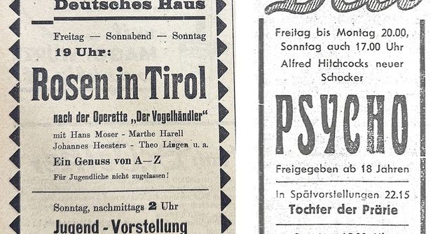 Mit einer Annonce wurde 1941 das Kinoprogramm in der Preetzer Zeitung beworben (l.) und im März 1961 lief ein heutiger Klassiker im Deli-Kino: Alfred Hitchcocks „Psycho“.