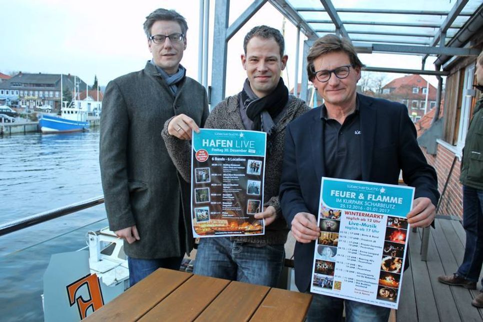 Haben für den 30. Dezember ein Paket geschnürt, das musikalisch keine Wünsche offen lässt: TALB-Vorstand André Rosinski, Franz Ijben, ab März 2017 zuständig für das Veranstaltungsangebot in Neustadt-Pelzerhaken-Rettin, sowie TALB-Veranstaltungsleiter Hansjörg Conzelmann (v. lks.).