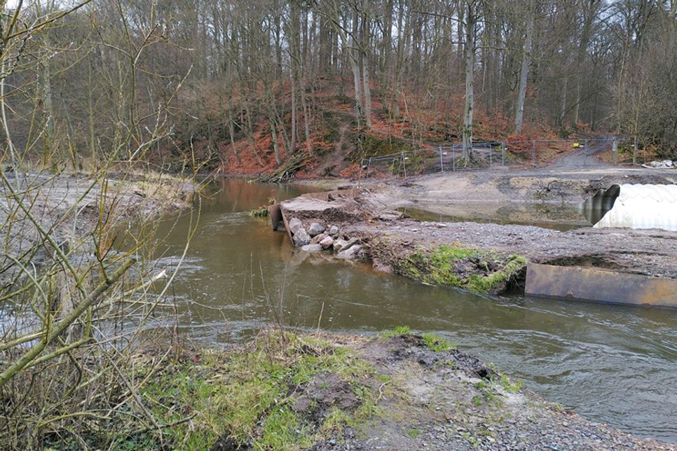 Die letzten Bauarbeiten des Renaturierungsprojekts. Hier befindet sich inzwischen die neue Brücke im Riesebusch zwischen Groß Parin und Ratekau.