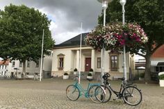 Blumenampeln vor dem Rathaus 2021.