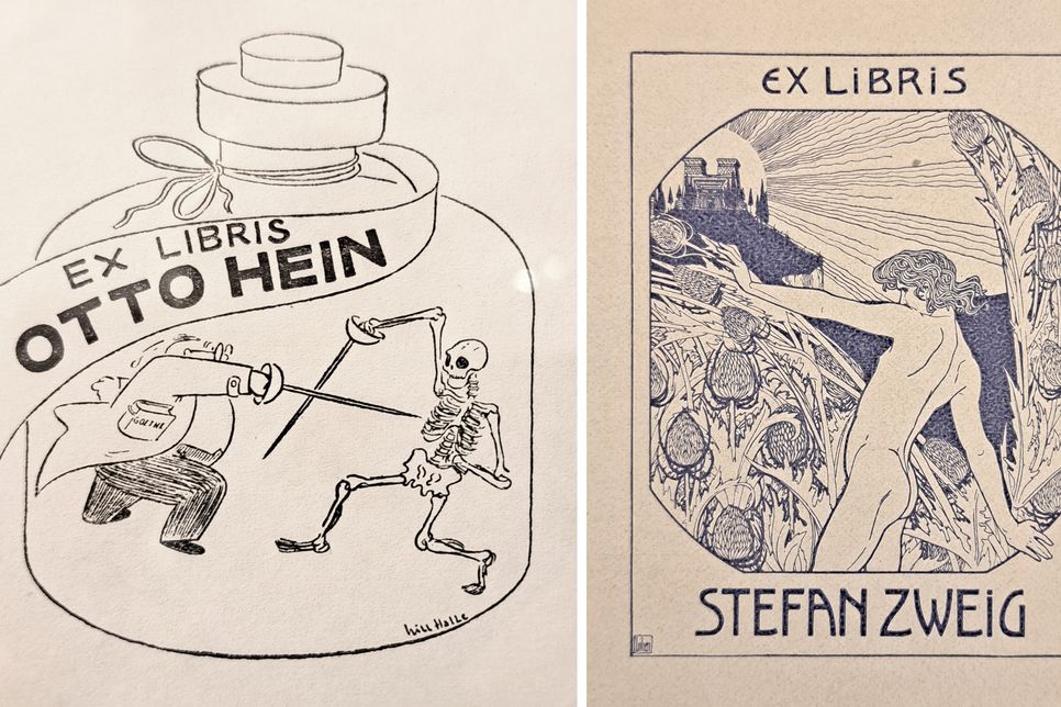 Typische Darstellung: Ärzte und Apotheker im Kampf mit dem Tod (li.) und Jugendstil-Exlibris aus der Bibliothek von Stefan Zweig.