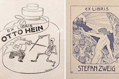 Typische Darstellung: Ärzte und Apotheker im Kampf mit dem Tod (li.) und Jugendstil-Exlibris aus der Bibliothek von Stefan Zweig.