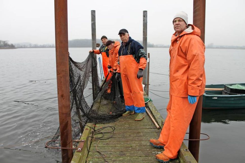 Bruno Wellm (Mitte) bei der Fangkontrolle am Binnenwasser.