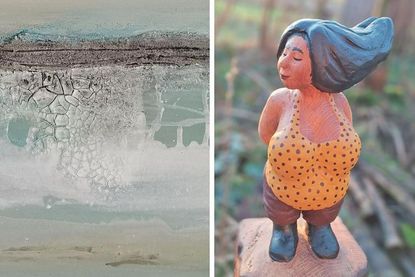 In der Ausstellung treten die experimentellen Bilder und die Holzskulpturen in Dialog.