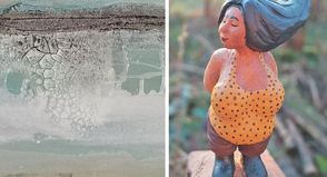 In der Ausstellung treten die experimentellen Bilder und die Holzskulpturen in Dialog.