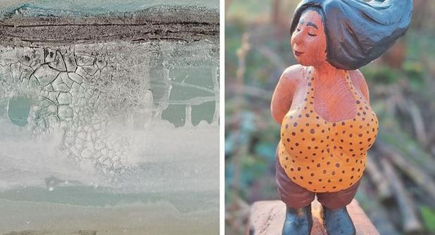 In der Ausstellung treten die experimentellen Bilder und die Holzskulpturen in Dialog.