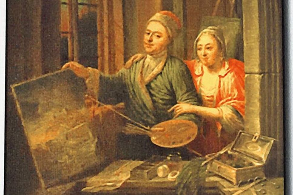 Auch im Selbstbildnis des Künstlers taucht die geheimnisvolle Frau noch einmal auf – und dazu eine Abbildung des Plöner Hauses, in das er 1766 eingezogen war – als Bild im Bild.