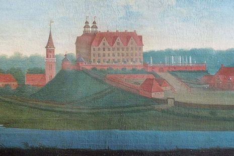 Das Plöner Schloss zu Waerdighs Zeit. Die Malerei ist eine der vier Supraporten in den Zimmern des Herzogs, der ihn damals beauftragte.