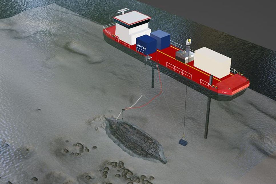 Diese Visualisierung des Bergungsschiffes und des Wracks in der Trave zeigt einen eindrucksvollen Blick auf die Bergungssituation. (Bild: Pawel Stencel)
