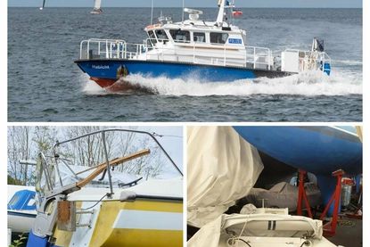 Küstenboot Habicht des Wasserschutzpolizeireviers Lübeck (oben) sowie ein Segel- und Schlauchboot - Tatobjekte nach vorangegangenem Diebstahl der Außenbordmotoren. (Foto: Polizeidirektion Lübeck)