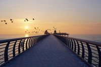 Ein frostiger Moment an der Seebrücke Grömitz mit Zugvögeln und warmem Sonnenlicht über der Ostsee.