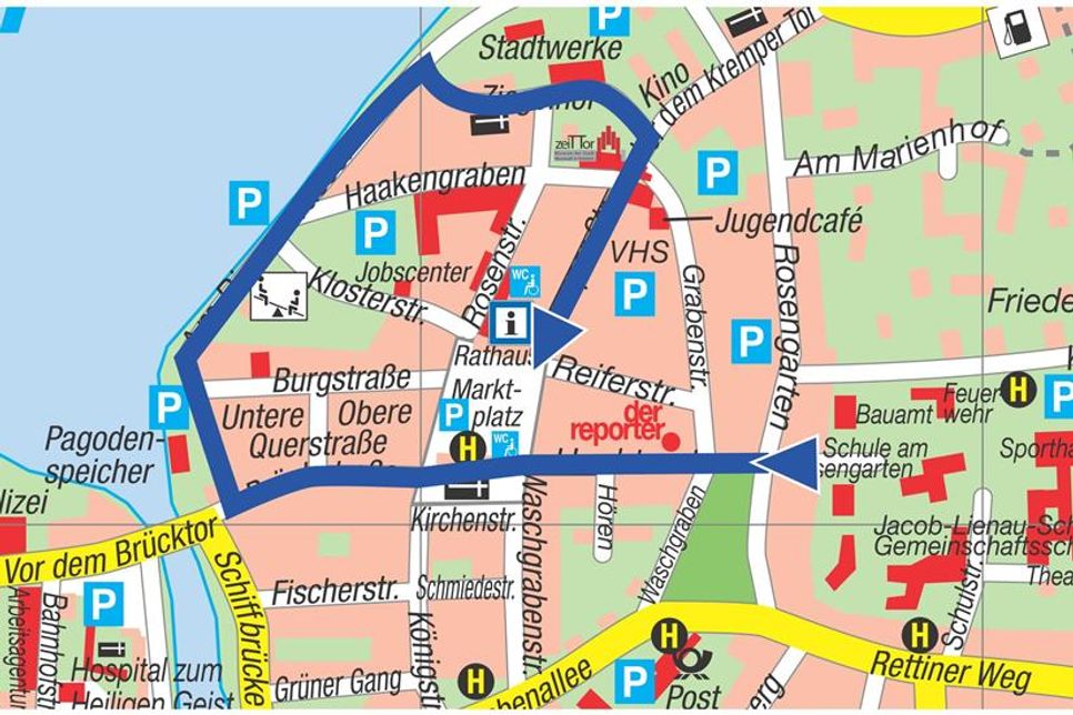 Die Route startet an der Jacob-Lienau-Schule und führt über den Hafen zurück zum Marktplatz.