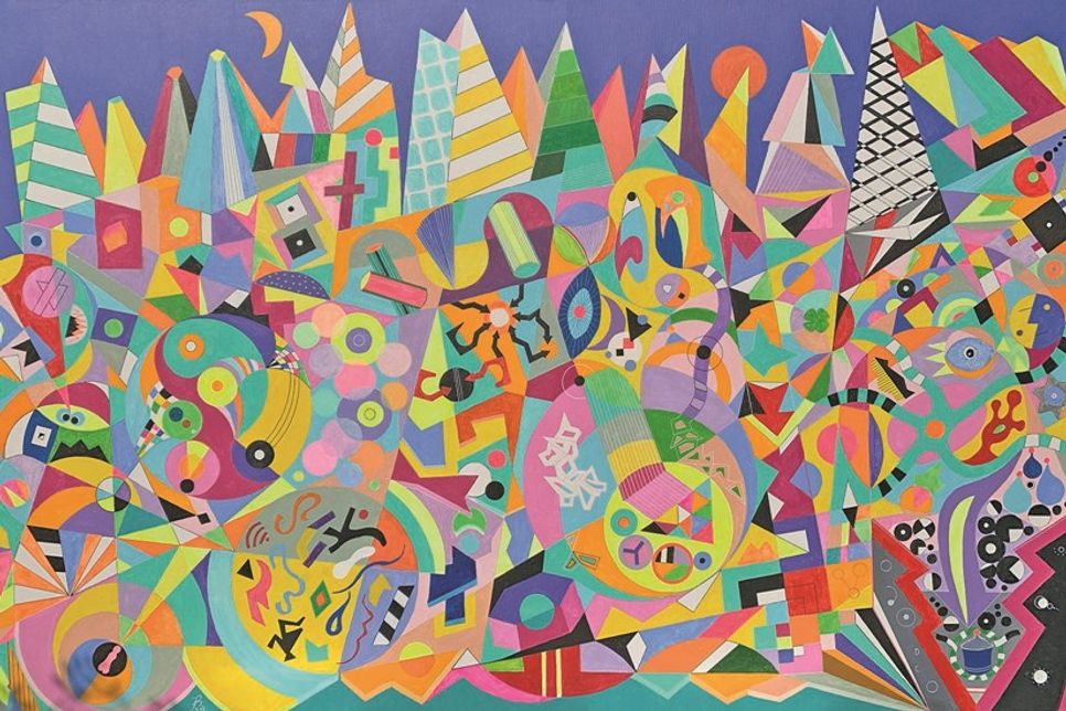 Das Bild „Komposition Lebensweg“ zeigt Bergmanns Vorliebe für kräftige Farben und geometrische Formen.