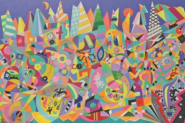 Das Bild „Komposition Lebensweg“ zeigt Bergmanns Vorliebe für kräftige Farben und geometrische Formen.