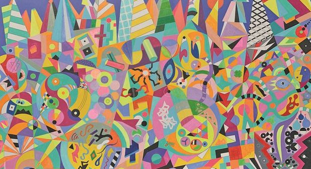 Das Bild „Komposition Lebensweg“ zeigt Bergmanns Vorliebe für kräftige Farben und geometrische Formen.