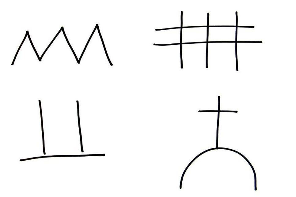 Sogenannte „Gaunerzinken“ haben eine lange Tradition und sollen auch noch heute im Umlauf sein. Sie bedeuten zum Beispiel (im Uhrzeigersinn von oben links) „Vorsicht, bissiger Hund“, Hier gibt es Geld“, „Kein Mann im Haus“ und „Hier wohnen alte Leute“.