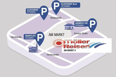 Möller Reisen liegt im Herzen von Neustadt, direkt am Marktplatz. Es gibt zahlreiche Parkmöglichkeiten in der unmittelbaren Umgebung und auch eine Busanbindung ist vorhanden.
