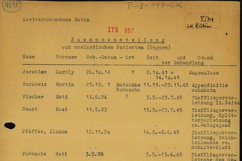 Karsten Dölgers Suche im Archiv des Internationalen Suchdienstes Arolsen förderte ein Dokument des Eutiner Kreiskrankenhauses von 1945 zutage, das auf die Patientin Ilonka Pfeffer hinweist. Quelle: Archiv des Internationalen Suchdienstes Arolsen