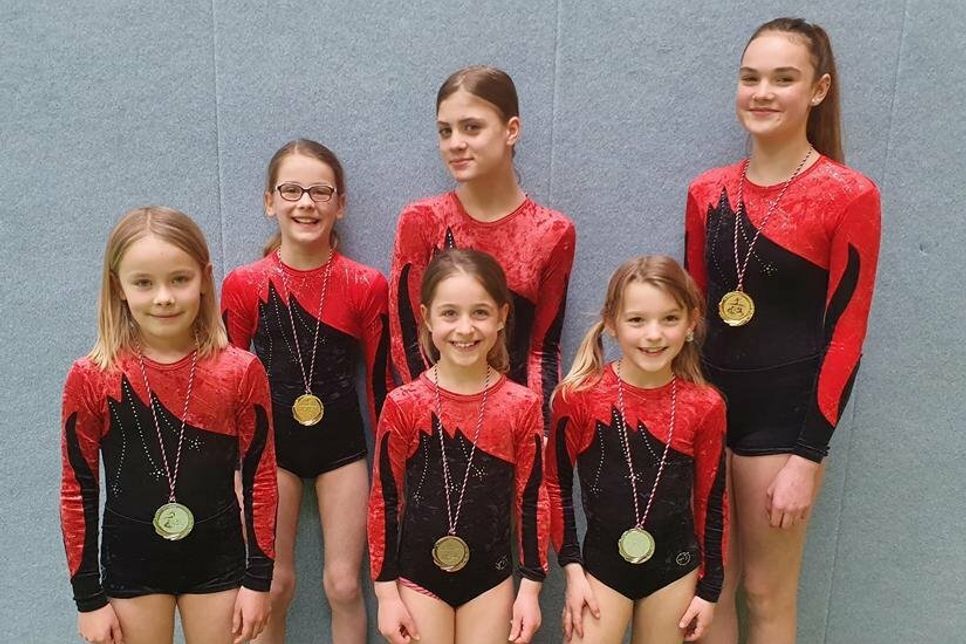 Die TSV-Turnerinnen Lene Klaus, Frida Klaus, Jette Jasper, Paulina Klos, Lenia Ahrens und Natalia Dorl (v. lks.).