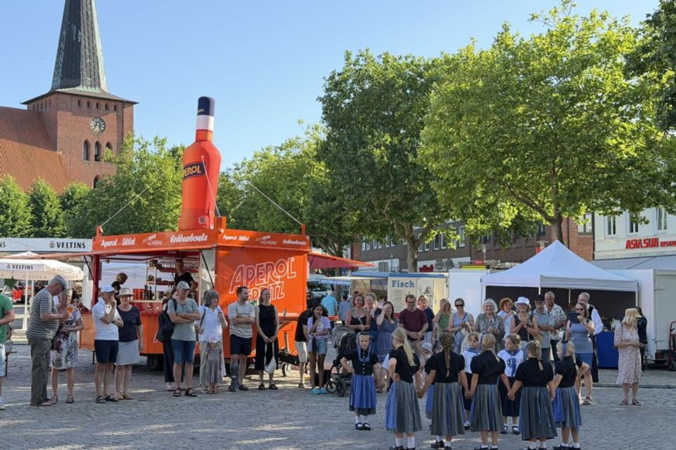 Auf dem Marktplatz trotzte der Neustädter Volkstanzkreis der Hitze und zeigte in den schönen, aber sehr warmen Trachten, einige Tänze.