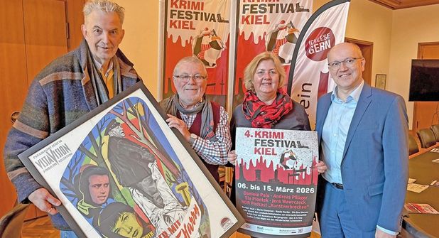Freuen sich auf vielfältige Krimikost (v.l.): Schauspieler Norbert Aust, Organisator Peter Schümann, Stadtpräsidentin und Schirmherrin Bettina Aust und Jörg Bercher vom Sponsor PSD Bank Nord.