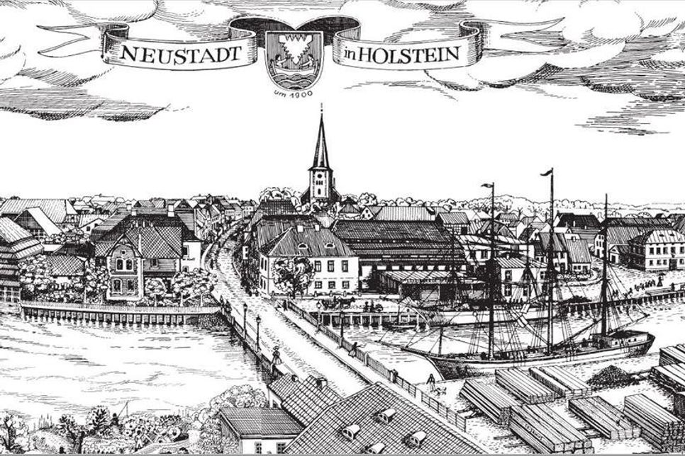 Neustadt in Holstein vor über 100 Jahren: Die Hafenbrücke ist frei von Autos, ein Dreimaster liegt auf der Hafenwestseite. Auf dem heutigen Parkplatz lagert Holz. Eine Kutsche fährt gemütlich am Wasser entlang. Fleißige Arbeiter beladen die Schiffe. Das ist die Szenerie auf der Jubiläumspostkarte, die das Neustädter Stadtmarketing anlässlich des 775-jährigen Stadtjubiläums aufgelegt hat. (Copyright Druckerei Svenja Muchow)