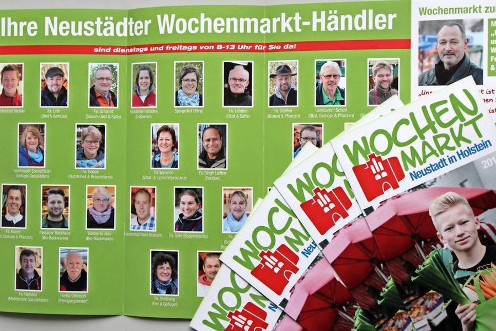 Wichtige Ansprechpartner: Porträts von den Markthändlern und neue Bilder vom Wochenmarktmaskottchen Paul zieren den neuen Infoflyer.