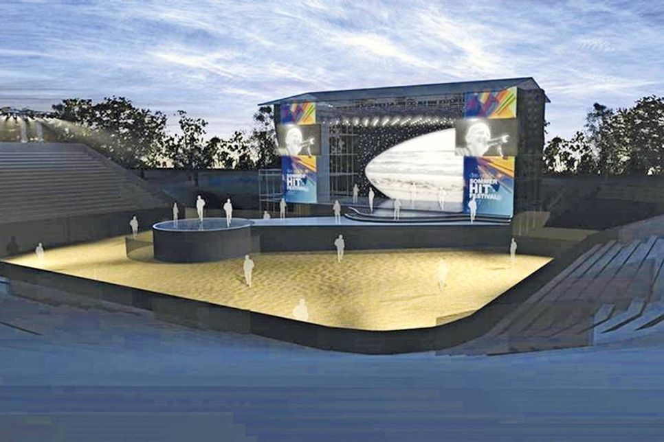 So wird die Bühne in der Timmendorfer Konzertarena für das „Große ZDF-Sommer-Hit-Festival“ aussehen - inklusive Steg und Centerstage. Vor den TV-Aufzeichungen finden hier am 22. und 23. August die Soundchecks und Proben mit den teilnehmenden Künstlern statt. (Grafik: Veranstalter)