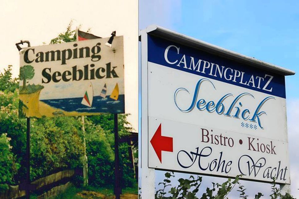 Das erste Schild (lks.) malte Hilde Frank noch selbst. Immer vor Ort die Gastronomie in Form des „Grillstübchens“, das sich inzwischen unter dem Namen „Hohe Wacht“ um die kulinarischen Bedürfnisse der Camper kümmert.