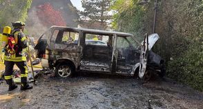 Der VW Bus brannte vollständig aus. (Foto: Feuerwehr Scharbeutz)