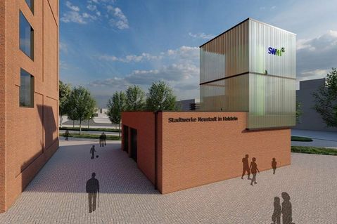 Der eingeschossige Klinkerbau umfasst einen halbtransparenten Turm mit Industrieverglasung.