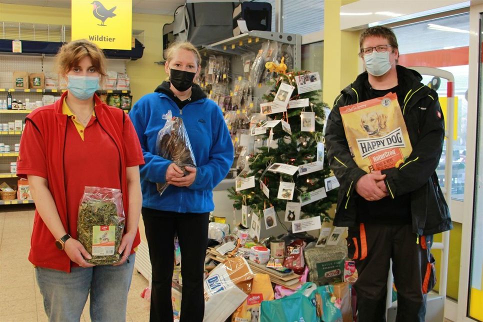Patricia Krystek vom Futterhaus (lks.) mit Kathrin Steuernagel (Tierheim Eutin) und Dennis Gnepper (Tierheim Lübbersdorf).