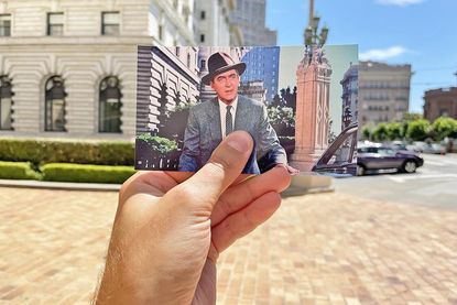 In San Francisco drehte Hitchcock seinen Klassiker „Vertigo – Aus dem Reich der Toten“ mit James Stewart in der Hauptrolle. Mit einem Szenenfoto in der Hand lassen die Setjetter den tatsächlichen Drehort mit Filmbildern verschmelzen.